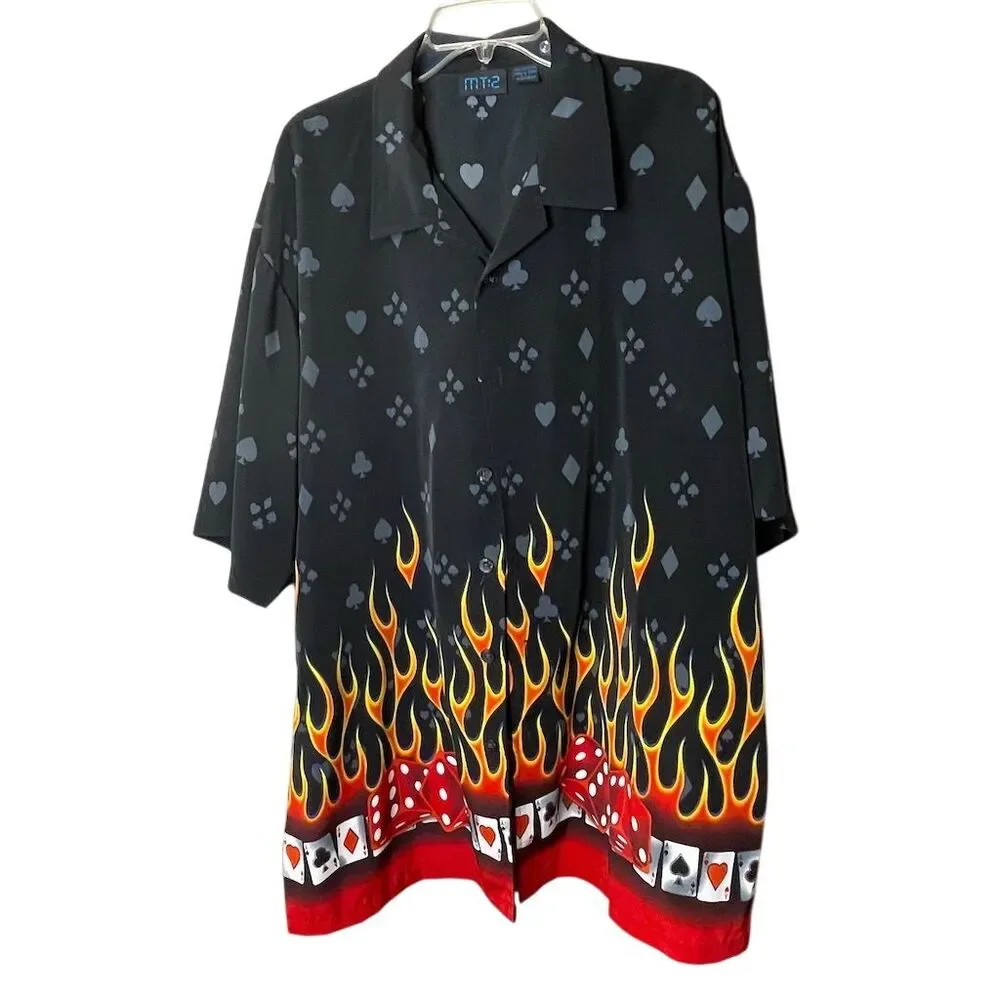 MT2 Men's 3XL Black Flame Poker Graphic Button-Up Shirt Y2K Vintage - Picture 1 of 3